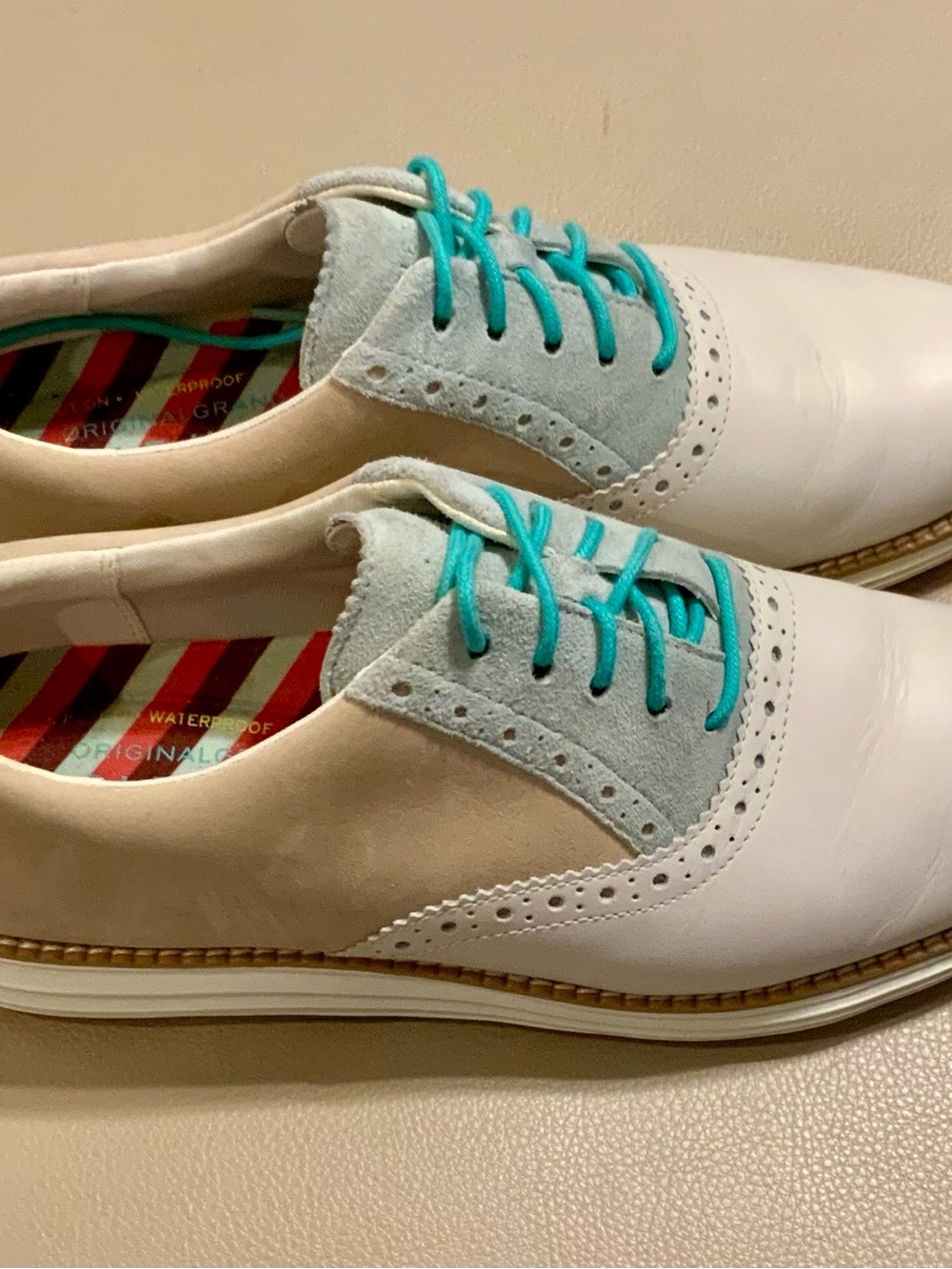 Cole Haan White and Turquoise Saddle Oxfords